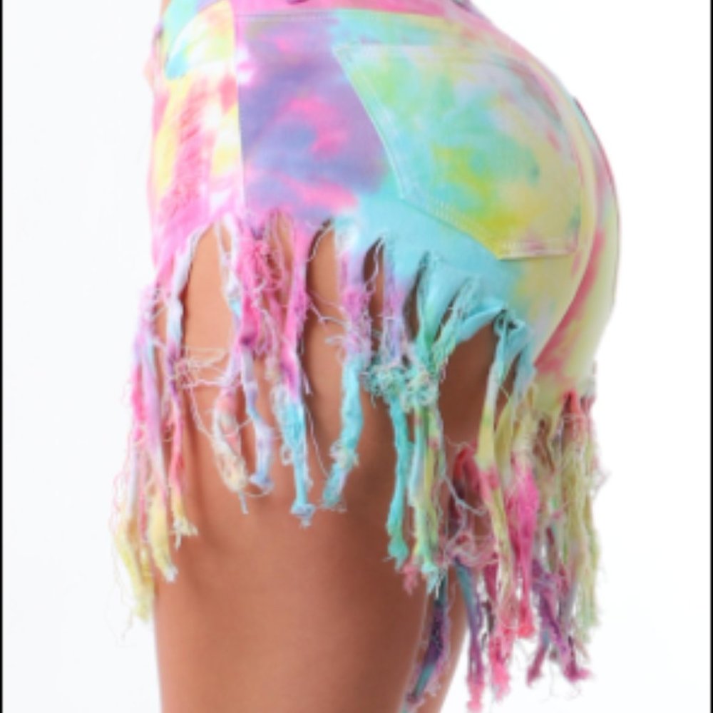 Pink and Blue Tie and Dye Tasseled Denim Shorts